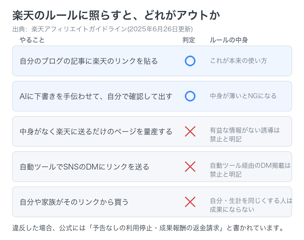 楽天のルールに照らした判定表。ブログ記事にリンクを貼るのとAIに下書きを手伝わせるのは可、中身のないページの量産と自動ツールでのDM送信と自分や家族の購入は禁止
